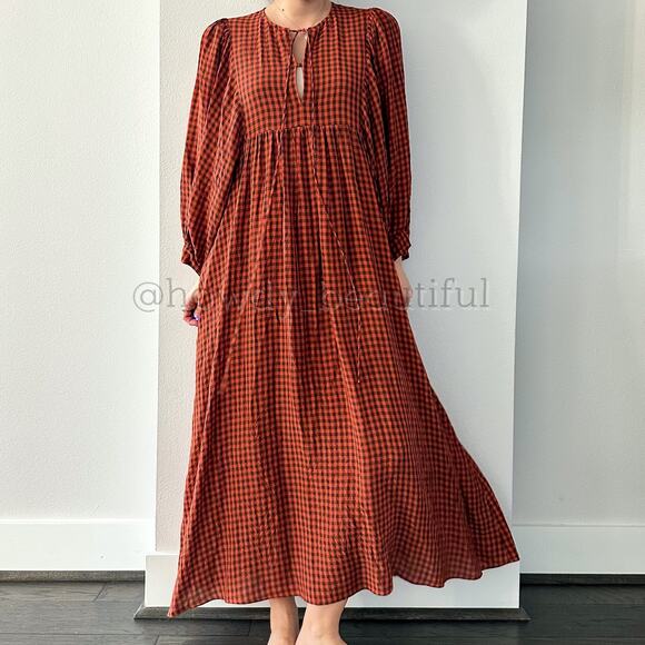 MR. LARKIN Checkered Burnt Orange Balloon Sleeves Maxi Dress - Picture 1 of 10